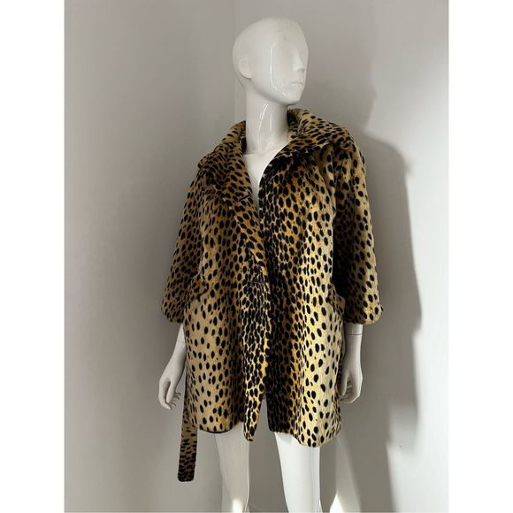 1950’s-1960’s Vintage Faux Leopard Fur Short Rope Wrap Coat with waist belt and - Picture 4 of 16